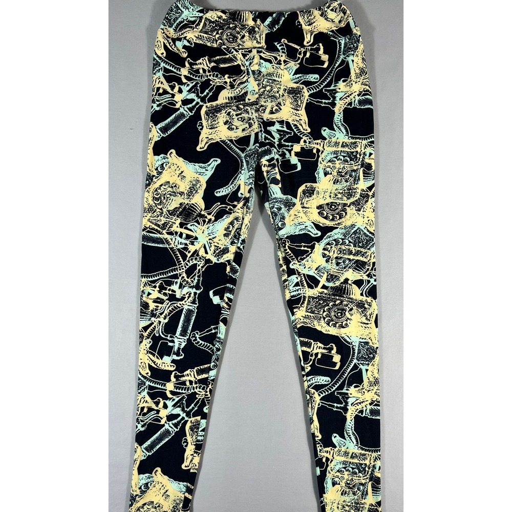 LuLaRoe Tall Curvy Leggings Black Yellow Mint Vintage Rotary Telephone Print TC - Picture 2 of 9